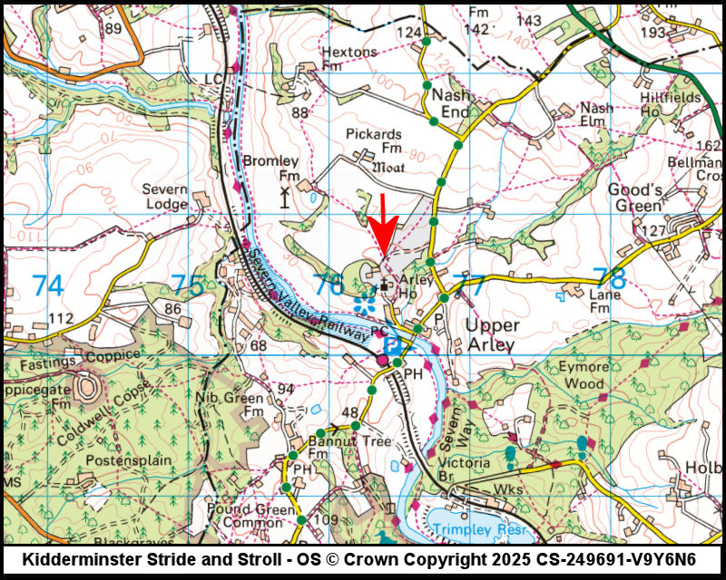 Map showing start location for Arley Arboretum, Lion Lane