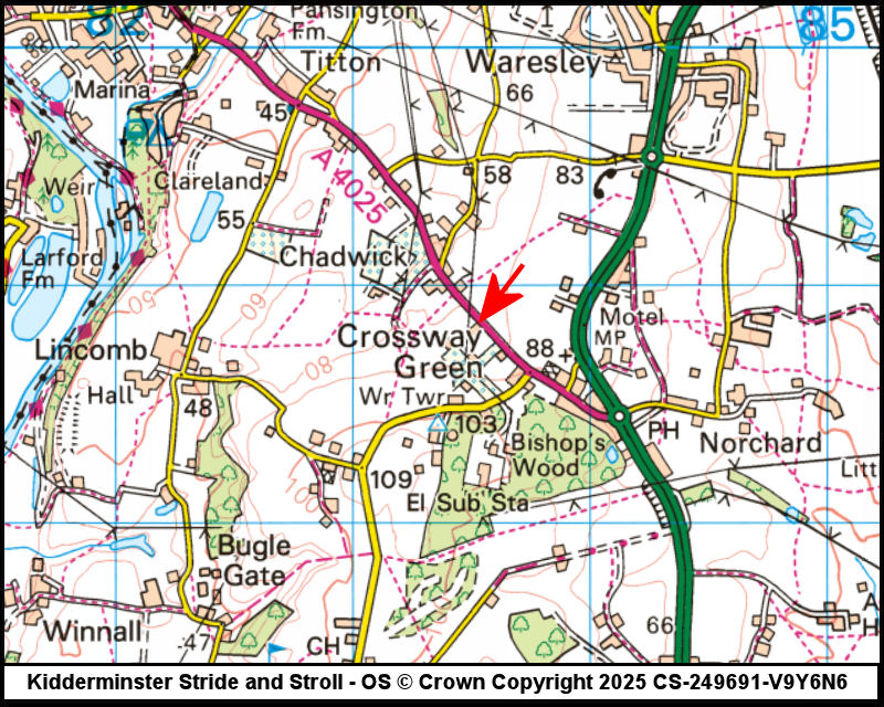 Map showing start location for Crossway Green - The Shed
