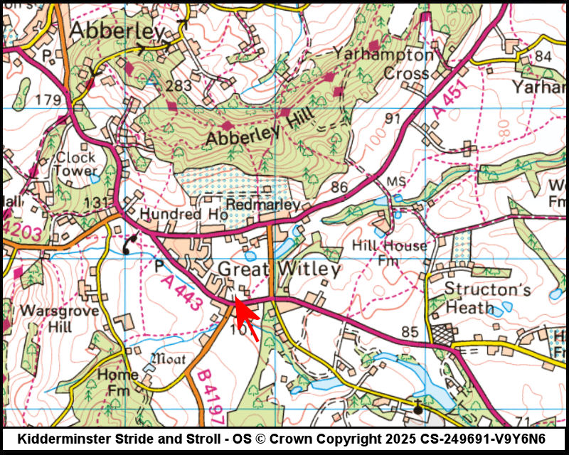 Map showing start location for Great Witley Village Hall
