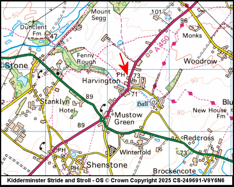 Map showing start location for Harvington - The Dog Inn