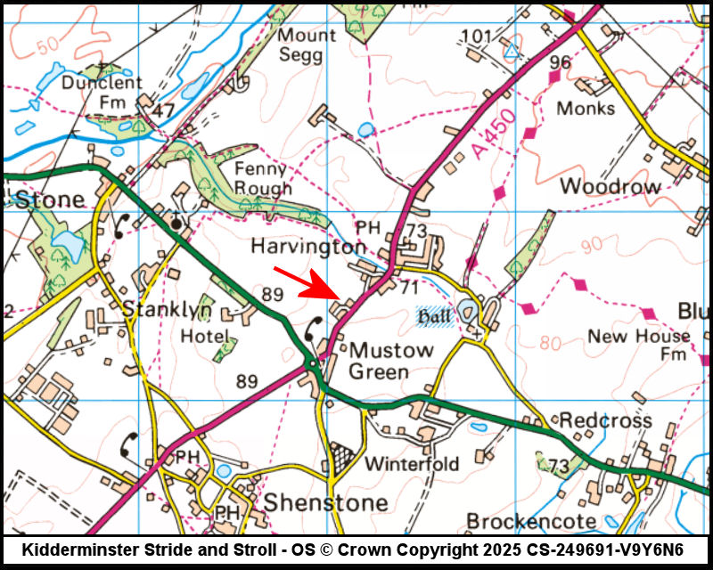 Map showing start location for Harvington - The Oaks Community Hall