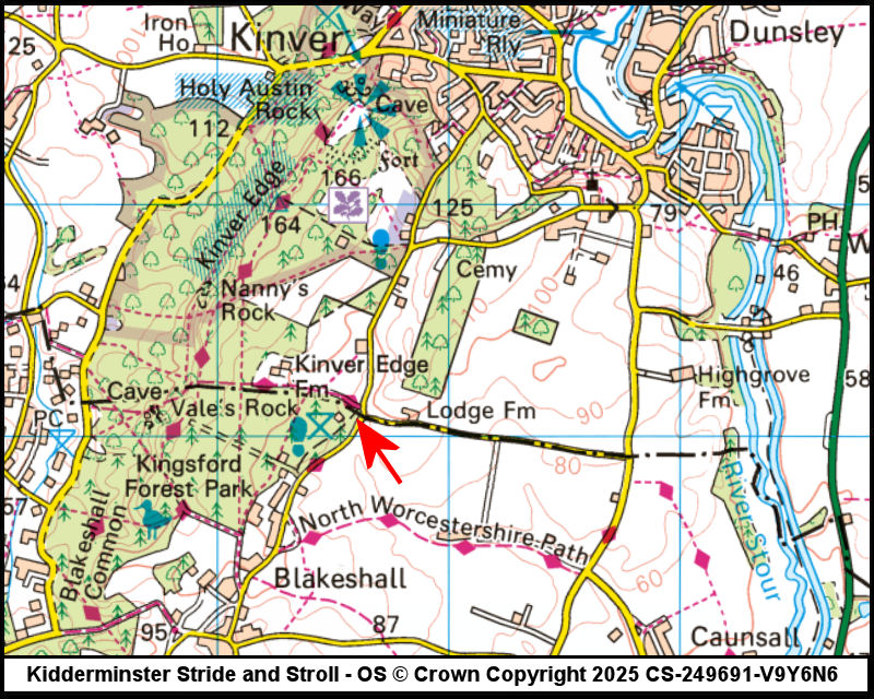 Map showing start location for Kinver Edge - Blakeshall Lane